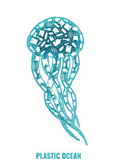 Plastic trash planet pollution concept vector illustration. Jellyfish marine animal silhouette filled with plastic garbage flat icons. Ocean pollution ecology concept, marine animal life damage