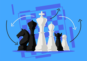 Vector illustration of black and white chess pieces led by the king in the foreground, Queen, Bishop, pawn,rook, knight, chessboard outline in the background