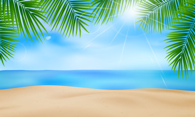 The beach with palm tree leaves together with the calligraphic summer background design