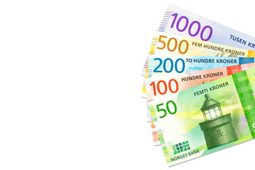 some new norwegian krone banknotes indicating economics with copy space