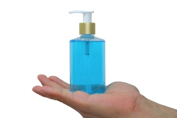 alcoholgel blue in bottlepump put on the hand on a white background.With Clipping Path.