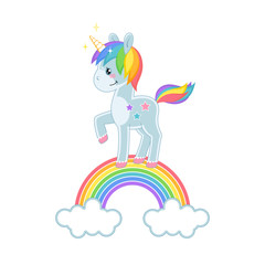 Magic little Unicorn with rainbow and clouds. Cute cartoon character. Vector illustration.