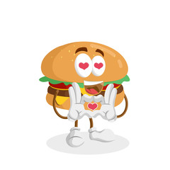Burger Logo mascot in love pose and background with flat design style for your mascot branding.