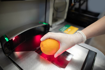 A hand in disposable latex glove scanning an orange at a grocery store self-checkout station....