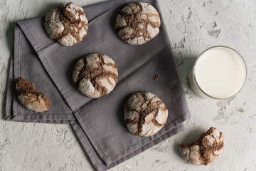 Glass of milk with craked chocolate cookies on a grey background. Rustic style