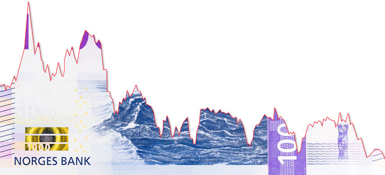 1000 norwegian krone bank note new edition decline graph indicating exchange rate with copyspace