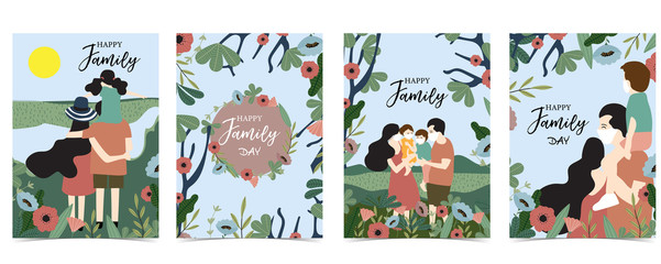 Family Day background with father,mother,daughter,flower and leaf.Editable vector illustration for invitation,postcard and website banner