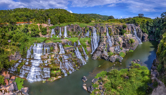 Royalty high quality free stock image aerial view of Pongour waterfall, DaLat, Lam Dong province, Vietnam, is top waterfalls in Vietnam. Aerial view