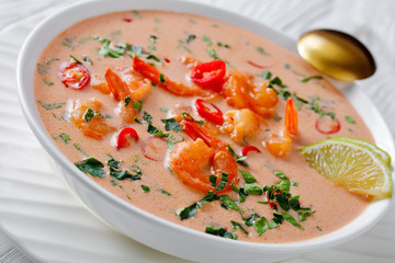 close-up of Tom Yum soup in a bowl