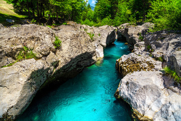 Emerald color Soca river with narrow rocky canyon, Bovec, Slovenia