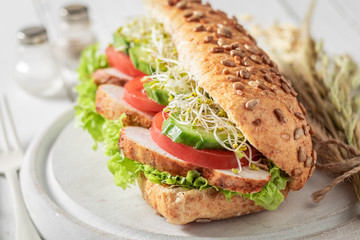 Closeup of sandwich with grilled chicken, tomato and cucumber