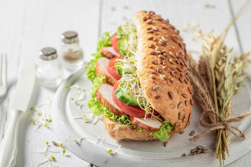 Sandwich with grilled chicken, tomato and green cucumber