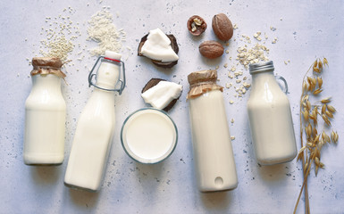 Alternative types of vegan milks in glass bottles. Top view with copy space.