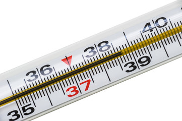 the thermometer shows a high body temperature of 38.7, fever, isolated on a white background