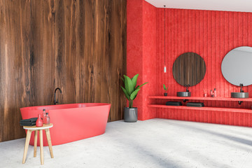 Fototapeta na wymiar Red and wooden bathroom corner, tub and sink