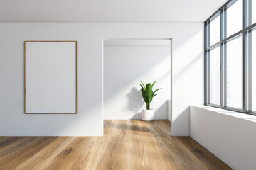 Empty white room interior with poster and plant