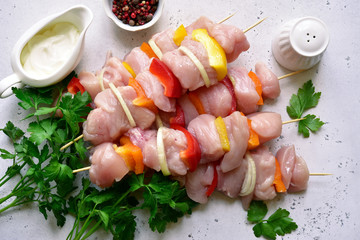 Raw chicken kebab with ingredients for marinating. Top view with copy space.