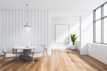 Modern white dining room interior with poster