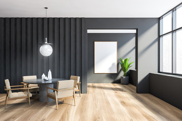 Modern gray dining room interior with poster