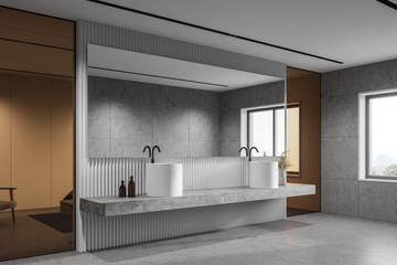 Loft white bathroom corner with double sink