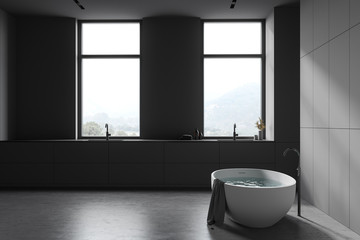 Fototapeta na wymiar Luxury gray bathroom interior with tub and sink