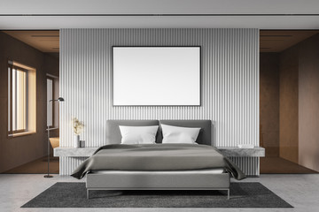 White master bedroom interior with poster