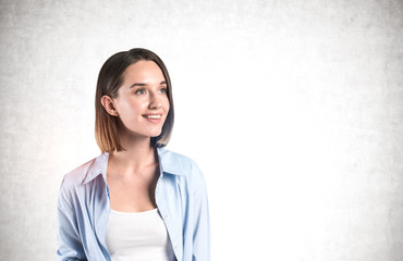 Smiling young casual woman, mock up