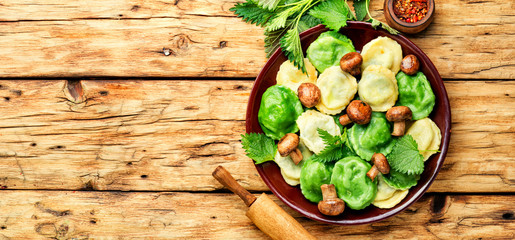 Homemade ravioli stuffed with nettle