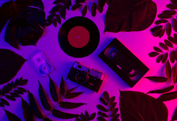 Retro style background. Retro camera, vinyl record, audio cassette, vhs among green leaves on background with gradient neon blue pink light. Top view
