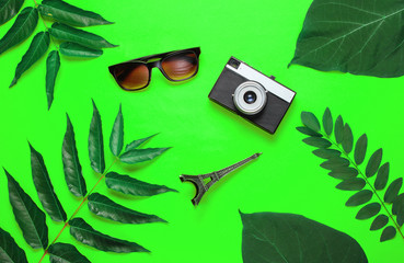 Jorney to Paris. Sunglasses, retro camera, figurine of the Eiffel tower on green background with green leaves. Travel background. Top view