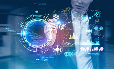 Woman using online work interface