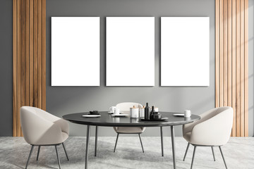 Gray dining room interior with poster gallery