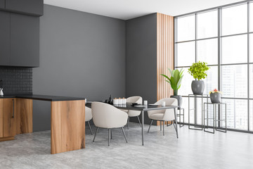 Gray and wooden dining room corner