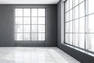 Empty gray room interior with windows