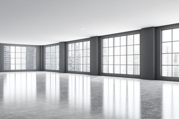Empty gray office room corner with windows