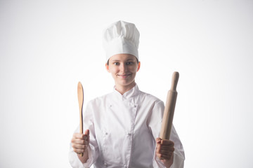 Chef woman. Isolated over white background
