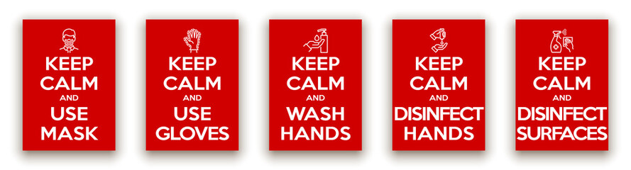 keep calm and use mask, gloves, wash disinfect hands and surfaces illustration banner. red classic poster coronavirus covid with icon head of a man in face mask. motivational poster design for print