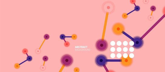 Flat style geometric abstract background, round dots or circle connections on color background. Technology network concept.
