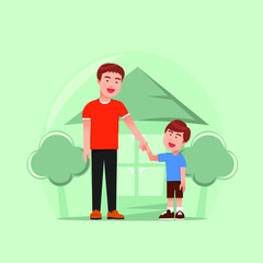 father and son holding hands and laughing together