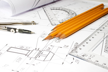 drawing details on the table, compasses, protractor, ruler pencil