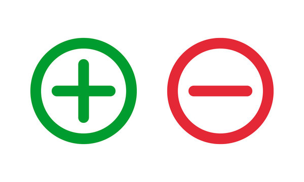green plus and red minus symbols, round thin line vector signs
