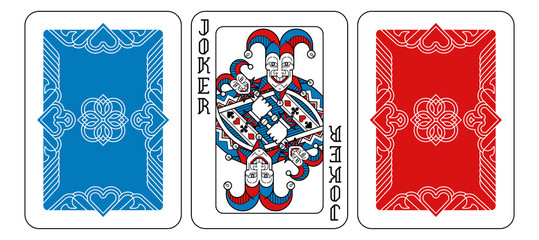 A playing card Joker and reverse or back of cards in red, blue and black from a new modern original complete full deck design. Standard poker size.
