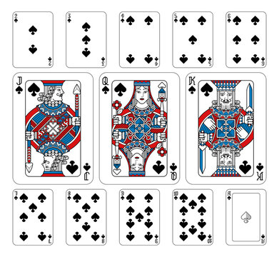 Playing cards spades set in red, blue and black from a new modern original complete full deck design. Standard poker size.