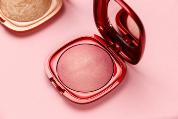 Mua and girly concept. Eyeshadow palette on pink background, eye shadows cosmetics product as luxury beauty brand promotion. Fashion blog design. Contouring palette. Makeup palette close up