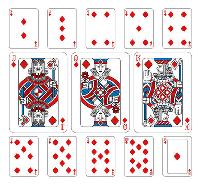 Playing cards diamonds set in red, blue and black from a new modern original complete full deck design. Standard poker size.