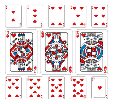 Playing cards hearts set in red, blue and black from a new modern original complete full deck design. Standard poker size.