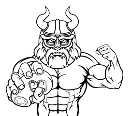 A Viking or gladiator warrior gamer mascot with video games controller