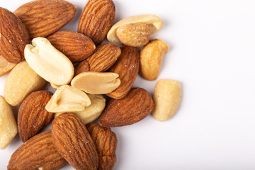 Healthy nuts on White Background. Nuts are a snack food consisting of any mixture of mechanically or manually combined nuts.
