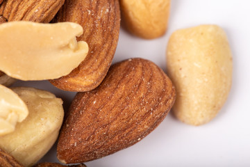 Healthy nuts on White Background. Nuts are a snack food consisting of any mixture of mechanically or manually combined nuts.