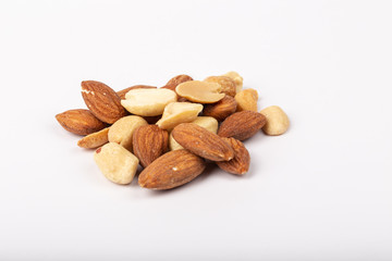 Healthy nuts on White Background. Nuts are a snack food consisting of any mixture of mechanically or manually combined nuts.